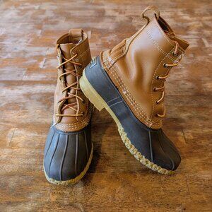 LL Bean Tan Leather Dark Brown Rubber Waterproof Duck Boots Women's Size 6 M